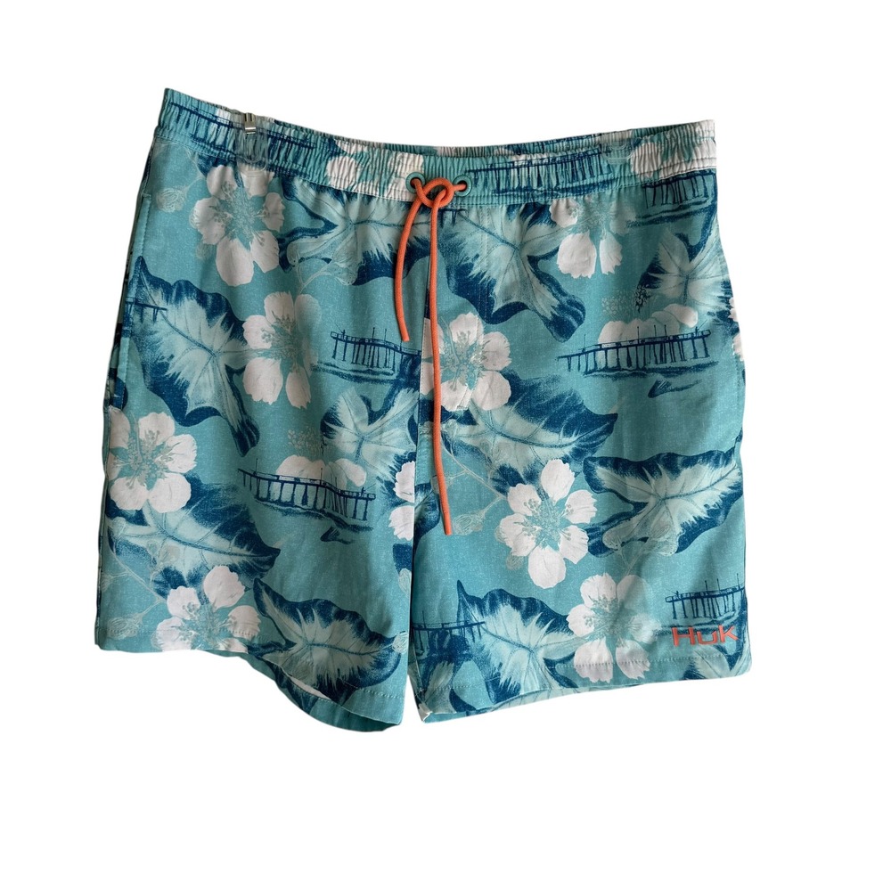 HUK Blue Floral Pier Volley Mens Quick‎ Drying Drawstring Shorts, M